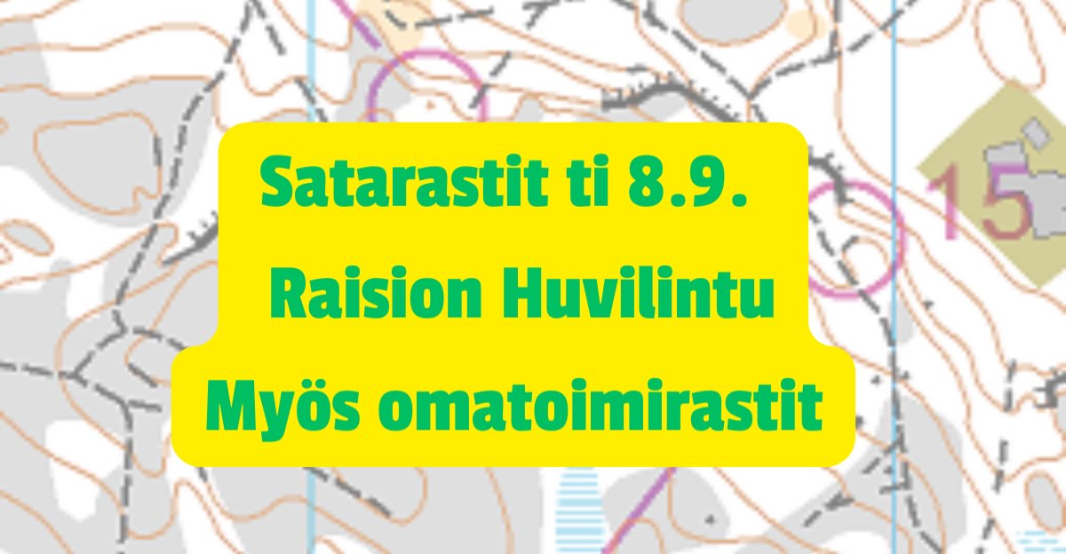 Tiistaina suunnistetaan Raisiossa, opastus alkaa Kustavintieltä. Lähdöt klo 17-19, karttamaksu 10 €. Omatoimirastit su 13.9. asti. Tervetuloa!
#kuntorastit #omatoimirastit
